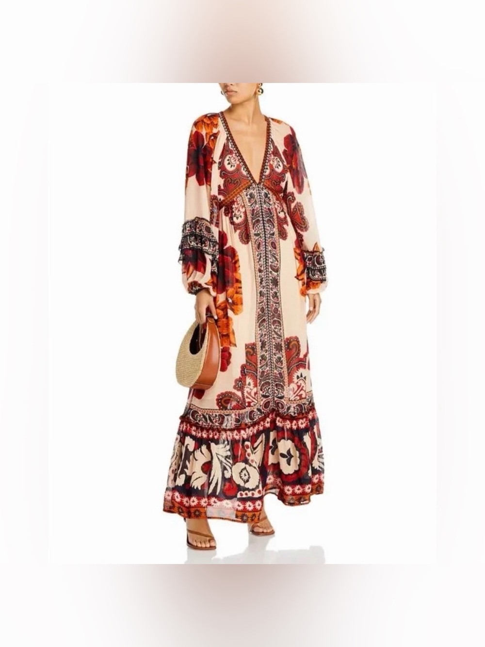 Brand new without tag 
FARM Rio Cream Maxi Dress with Red & Orange Floral Print
